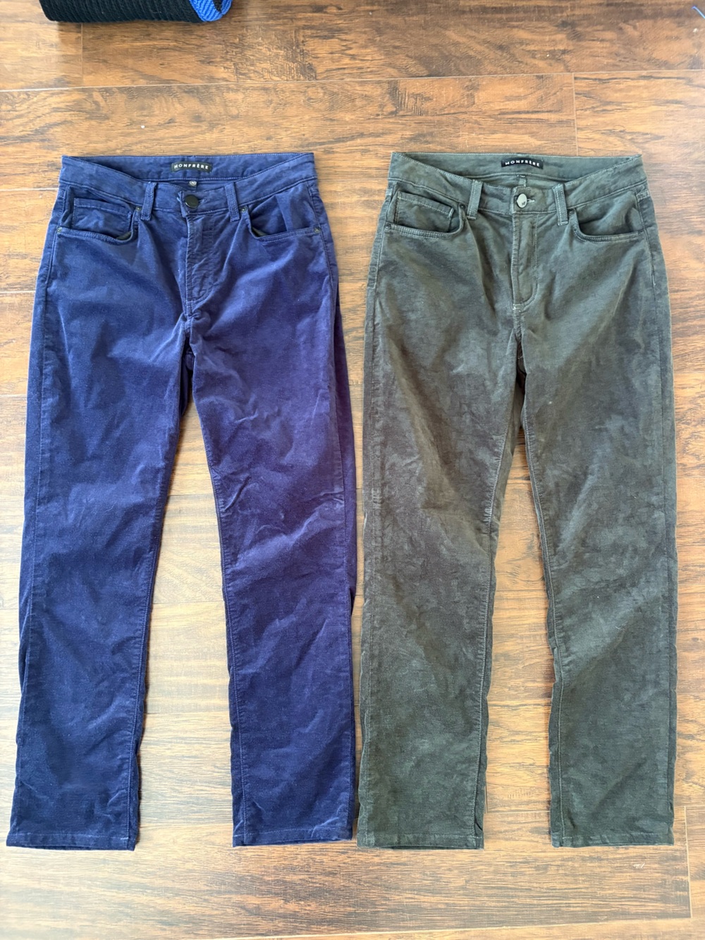 2 pairs of Monfrere Velvet Brando Pants Navy and Green Sz 30